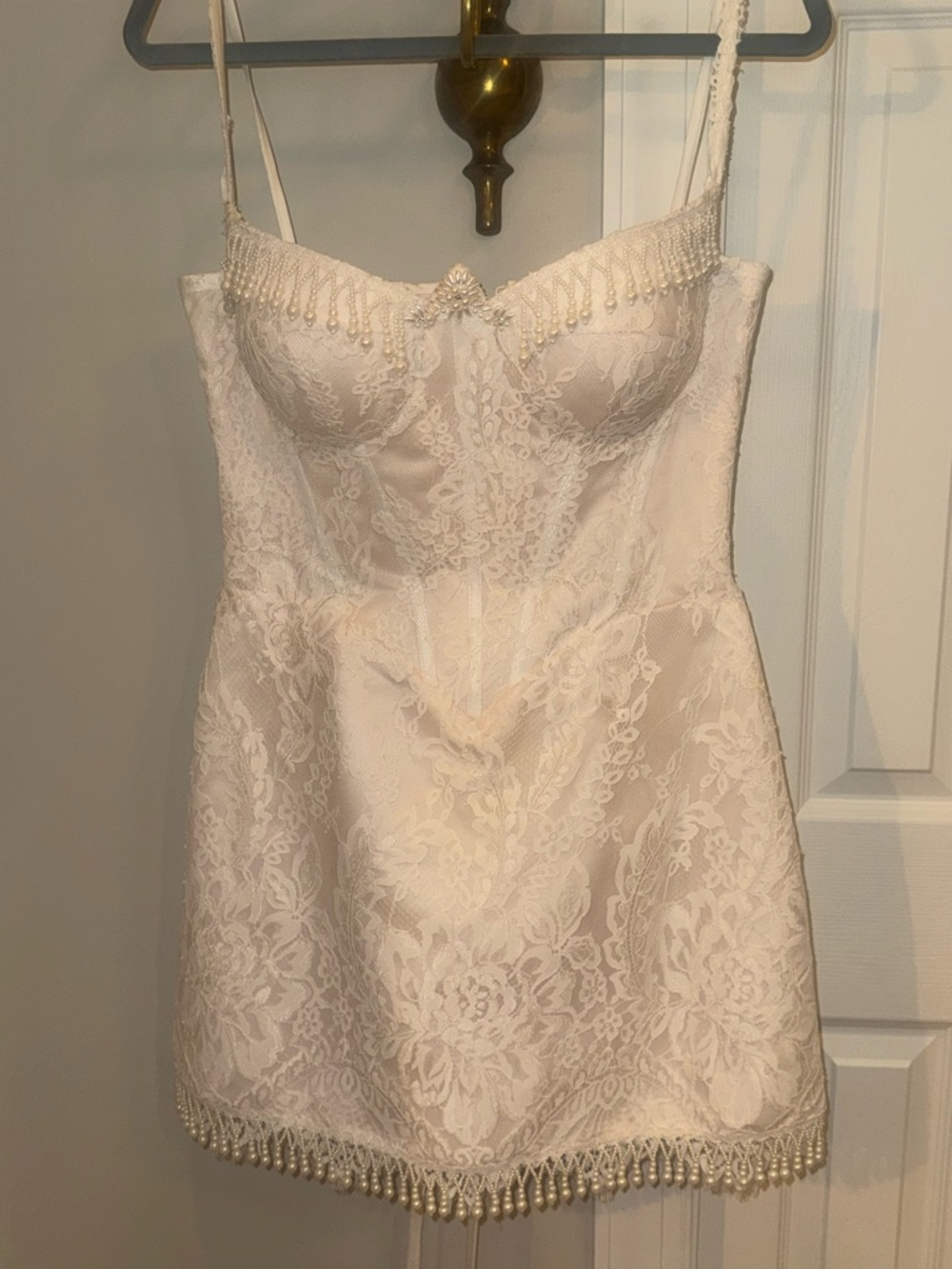 Ivory Chantilly Lace Corset Mini dress/Custom Pearl Fringe - Bridal/bachlorette